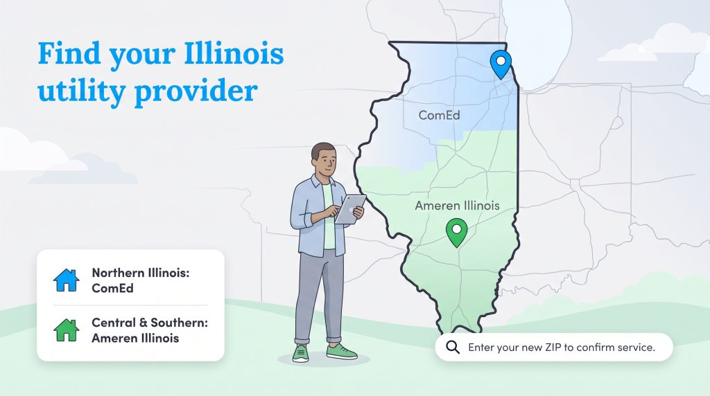 Map of Illinois showing ComEd in the north and Ameren Illinois in central and southern regions