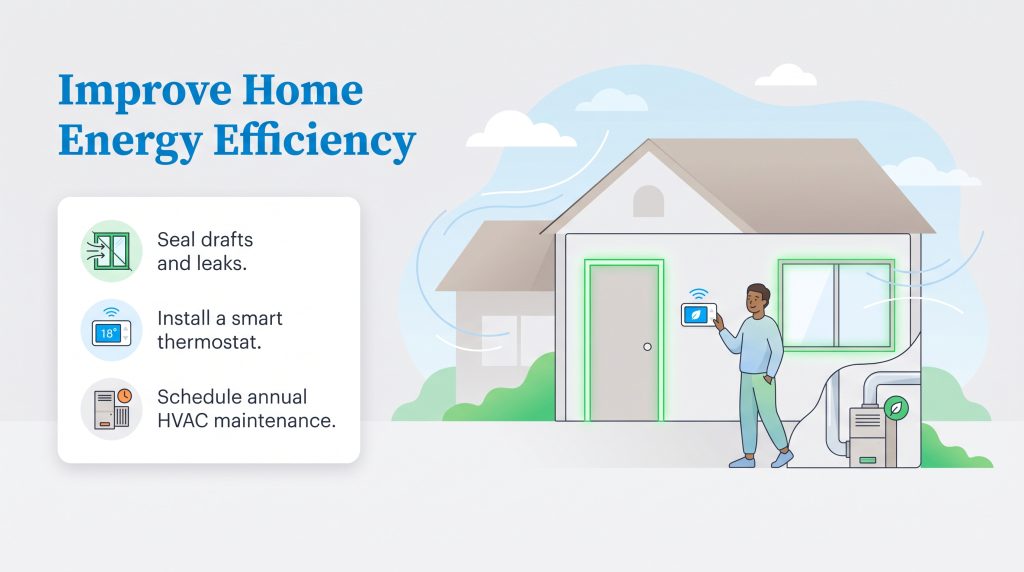 Graphic of a house showing draft sealing, a smart thermostat, and HVAC maintenance