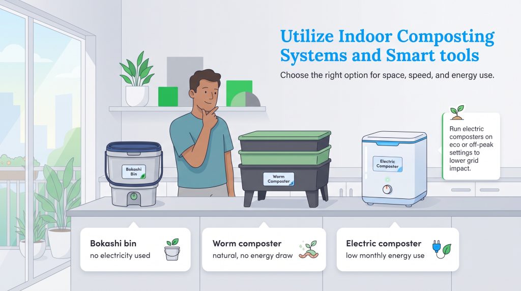 Illustration comparing Bokashi, worm, and electric indoor composting systems.