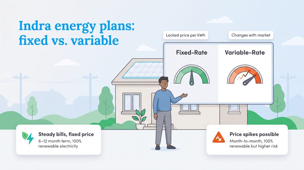 Graphic comparing Indra Energy fixed-rate versus variable-rate electricity plans.
