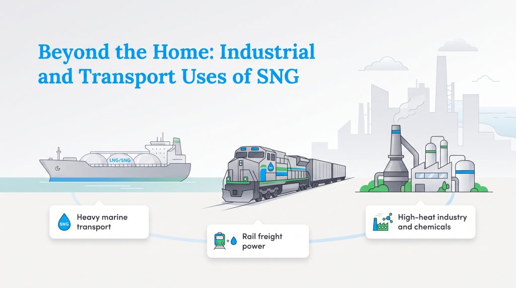 SNG application areas: heavy marine transport, rail freight power, and high-heat industries.