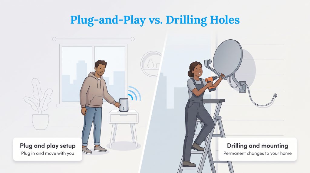 Comparison of easy plug-and-play 5G router setup versus complex satellite dish installation