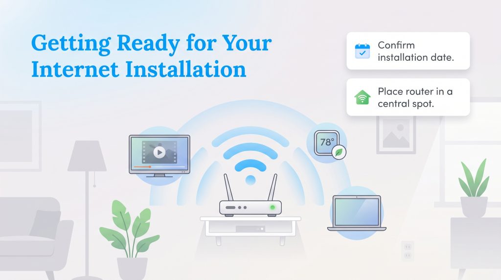 Graphic of a Wi-Fi router connecting to a smart TV, laptop, and thermostat in a living room.