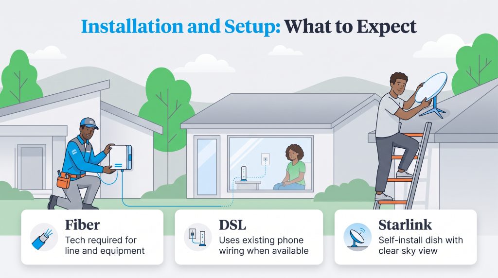 Illustration of Fiber, DSL, and Starlink internet installation methods.