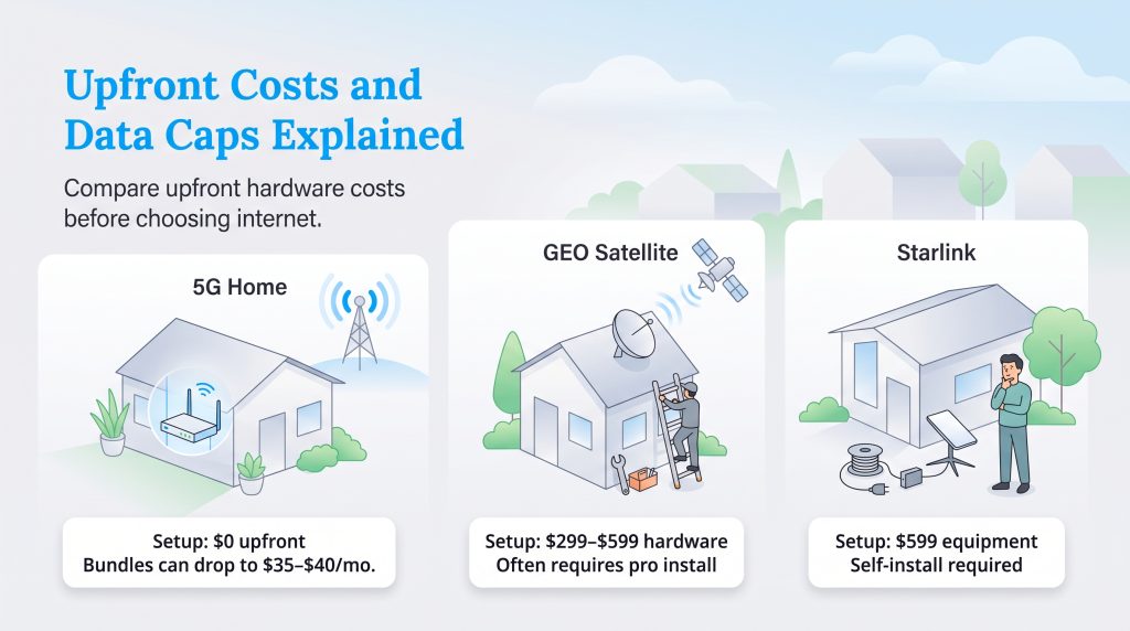 Comparison of setup costs and installation requirements for 5G Home, GEO Satellite, and Starlink.