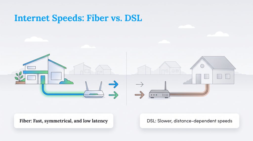 Visual comparison showing fiber internet is faster and symmetrical compared to slower DSL.
