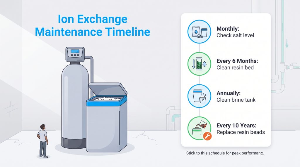 Timeline showing monthly, semi-annual, annual, and ten-year water softener maintenance steps.