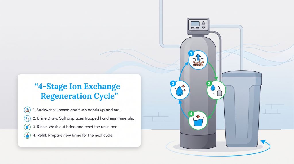 Diagram of a four-stage ion exchange water softener regeneration cycle