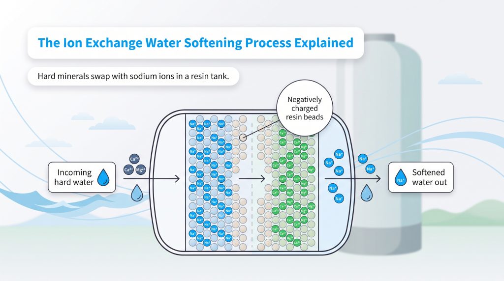 Diagram of water softening swapping calcium and magnesium ions with sodium on resin beads