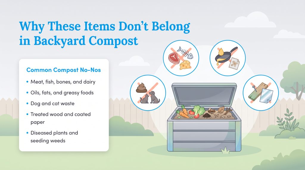 An infographic showing what not to put in backyard compost bins