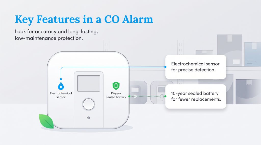 Graphic showing electrochemical sensor and 10-year sealed battery features in a CO detector