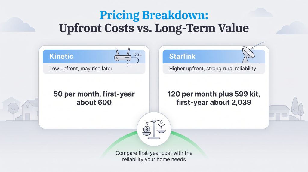 Comparison of first-year costs between Kinetic DSL and Starlink satellite internet plans.