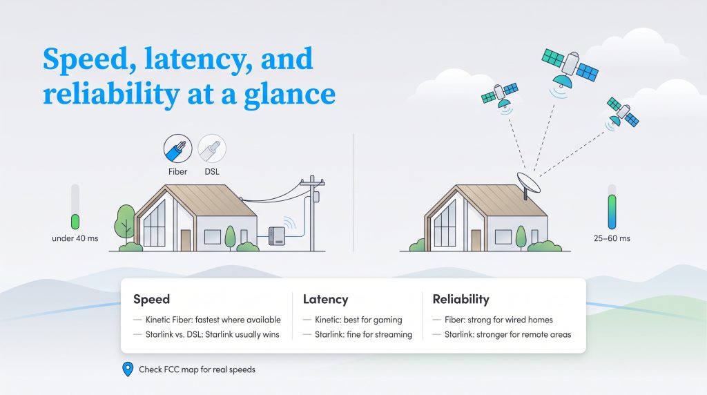 Comparison of Kinetic and Starlink internet speed, latency, and reliability.