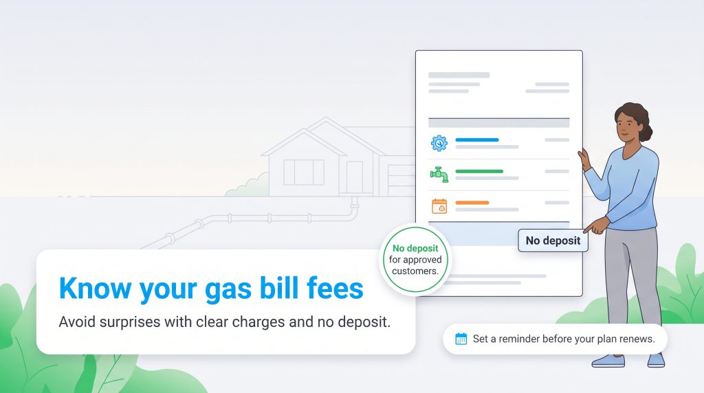 Illustration of a woman pointing to a gas bill highlighting a no deposit policy