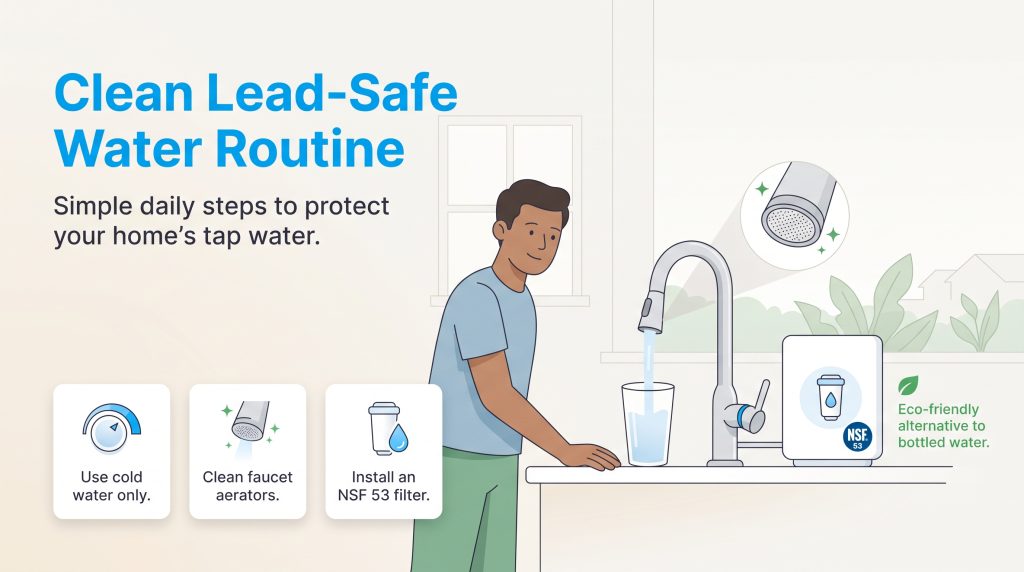 Illustration of a man at a kitchen sink with tips for creating a lead-safe tap water routine.