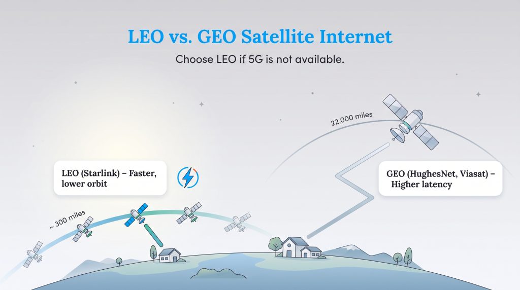 Diagram comparing LEO satellites at 300 miles and GEO satellites at 22000 miles above Earth