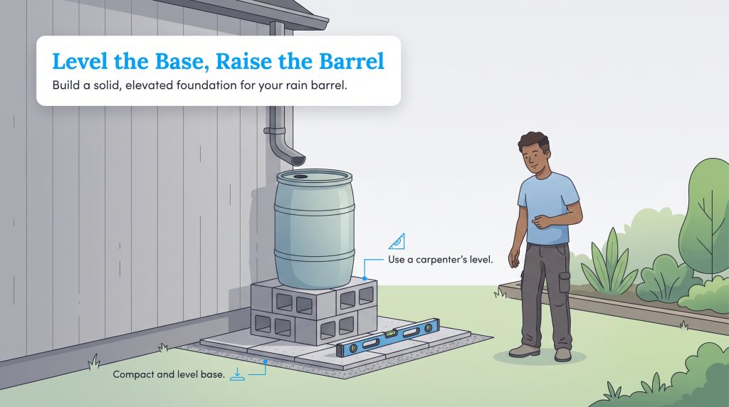 Illustration of a rain barrel elevated on cinder blocks over a leveled paver foundation.