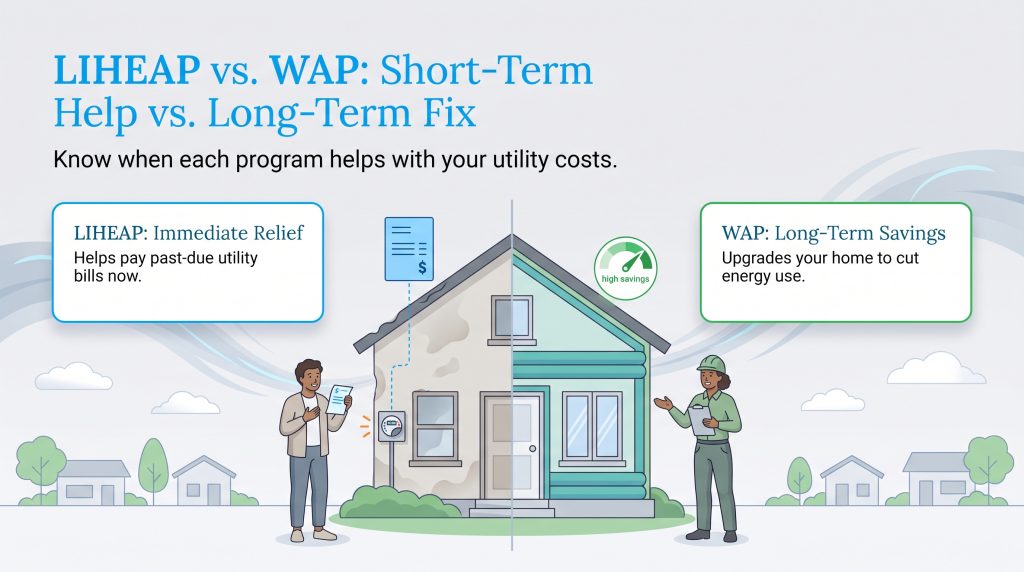 Comparison of LIHEAP for immediate utility help and WAP for long-term home energy upgrades.