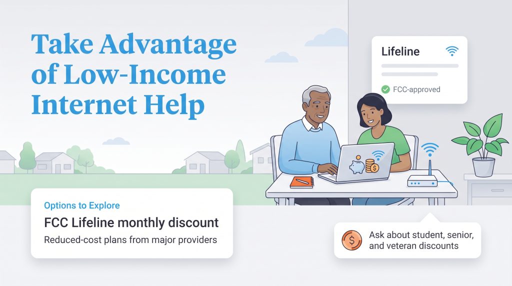Illustration of a senior man and woman looking at a laptop for low-income internet options.