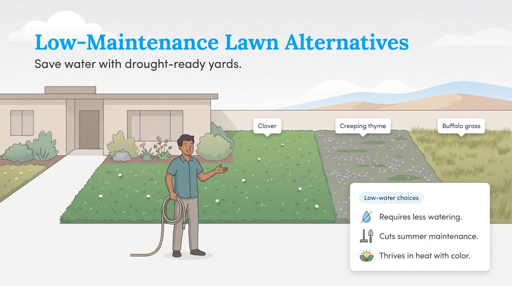 Low-maintenance lawn alternatives including clover, creeping thyme, and buffalo grass.