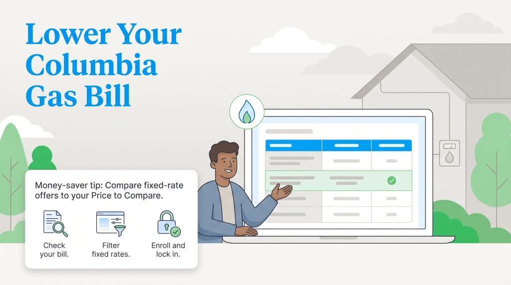A man pointing to a laptop comparing gas rates with steps to save on a Columbia Gas bill.