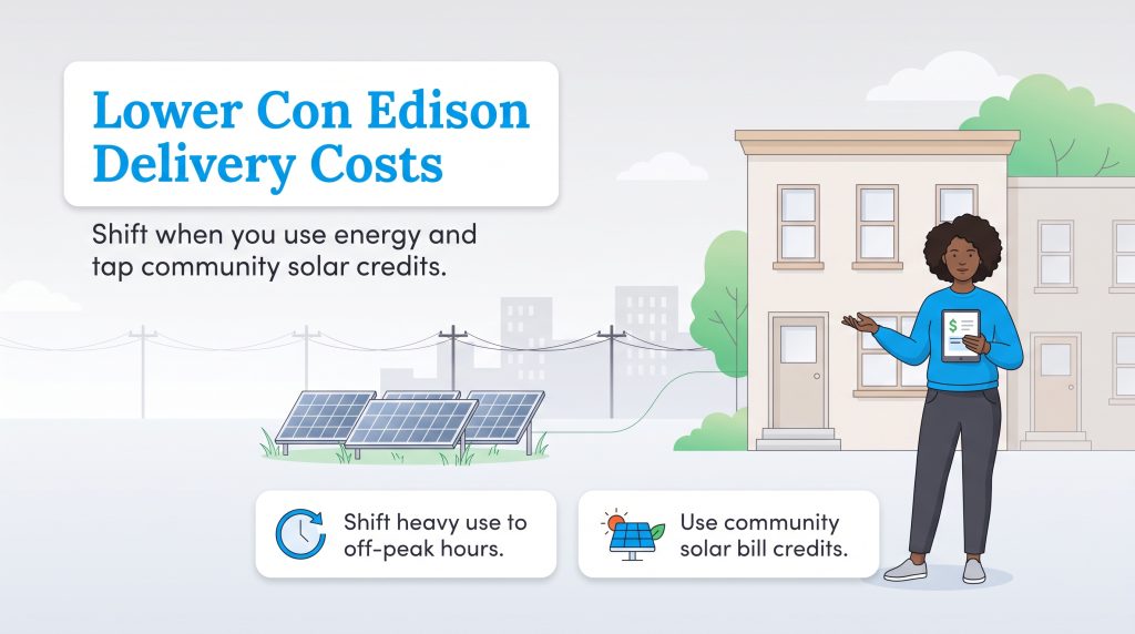 Illustration showing how to lower energy bills with solar credits and off-peak scheduling
