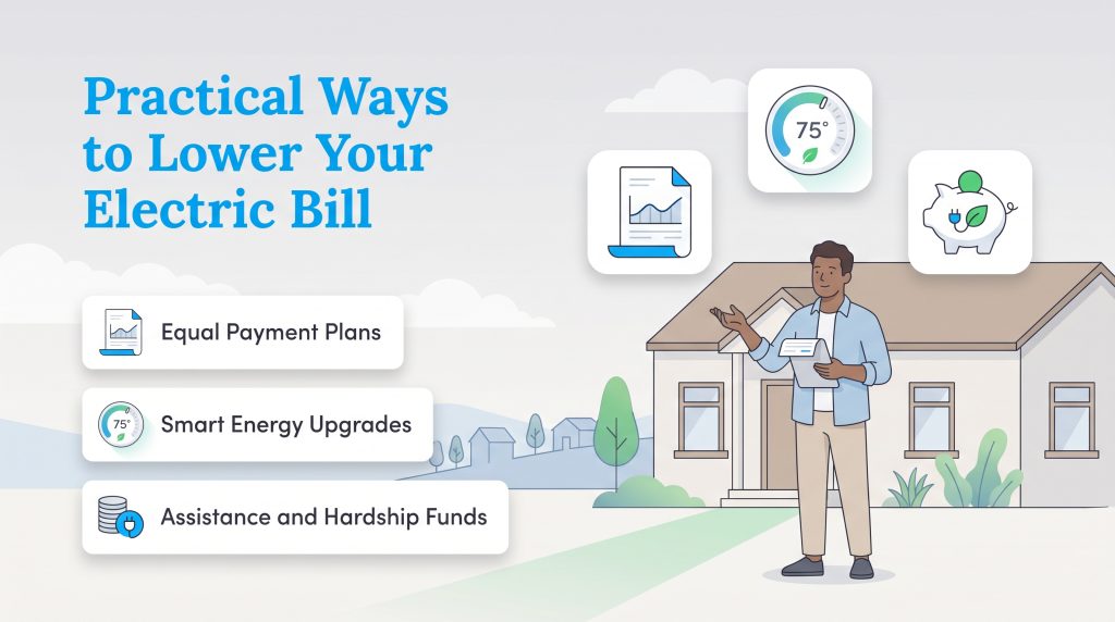 Illustration of energy-saving tips: equal payment plans, smart upgrades, and assistance programs.