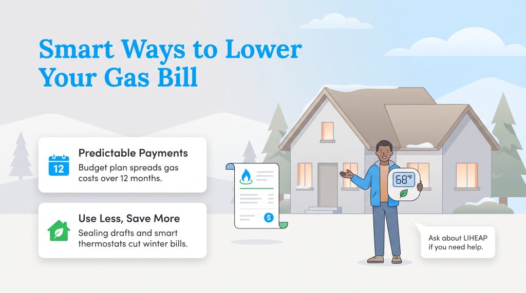 Tips for lowering gas bills using budget plans, smart thermostats, and LIHEAP assistance.