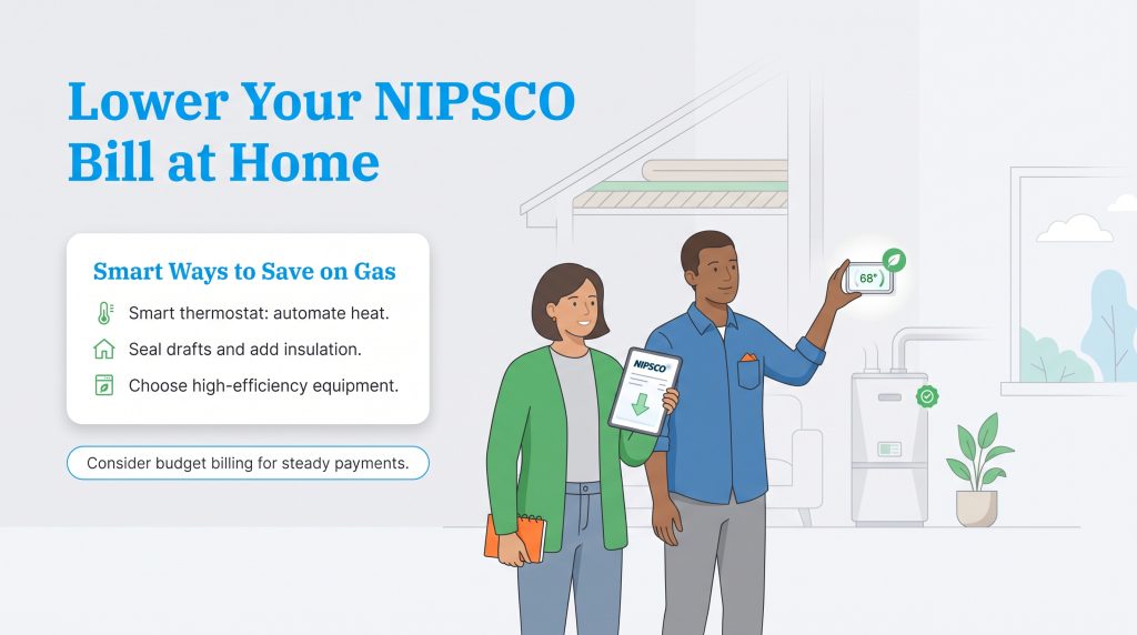 Illustration of a couple holding a lower energy bill next to a smart thermostat.