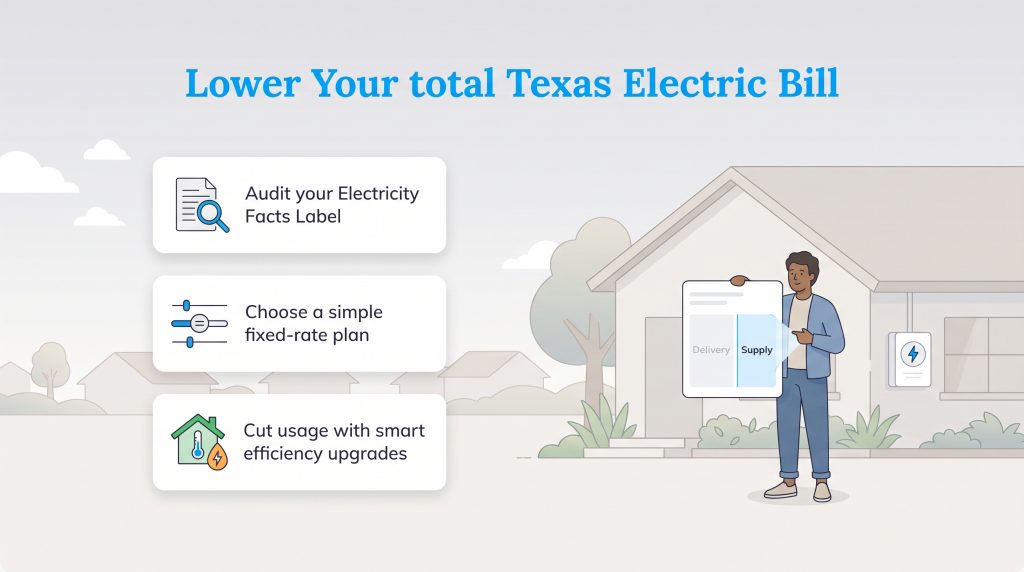 Steps to lower a Texas electric bill: audit your EFL, choose fixed rates, and cut consumption.