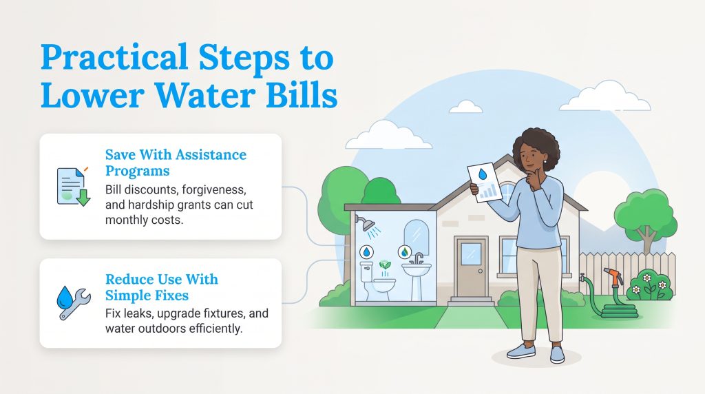 Illustration of tips to lower water bills through assistance programs and household fixes