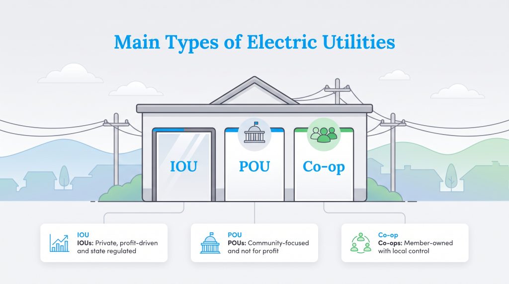 Diagram showing the three electric utility types: IOUs, POUs, and Co-ops.