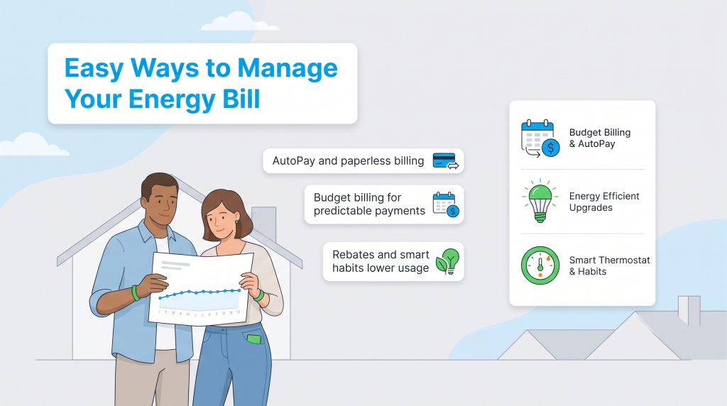 Infographic detailing methods to manage energy bills, including budget billing and green habits.