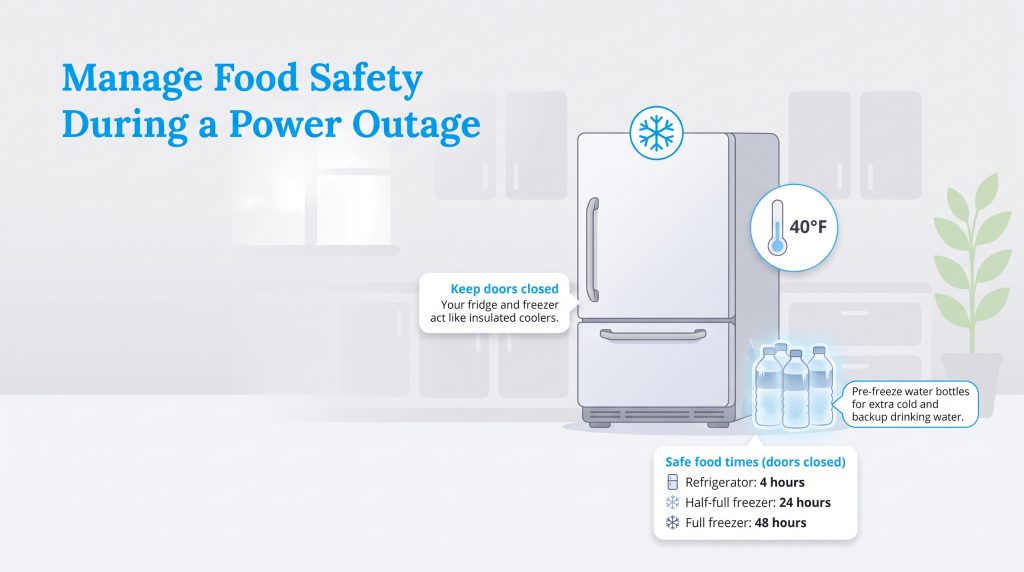 Infographic on keeping food safe in a refrigerator during a power outage.