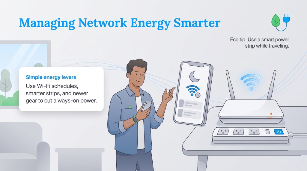 Illustration of a man managing a Wi-Fi router's energy settings using a smartphone app.