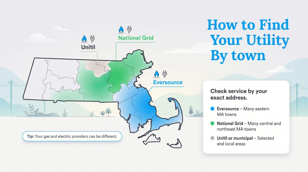 Map of Massachusetts showing service regions for Eversource, National Grid, and Unitil utilities.