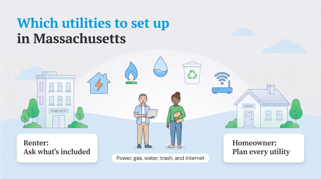 Guide showing renters and homeowners how to set up utilities in Massachusetts.