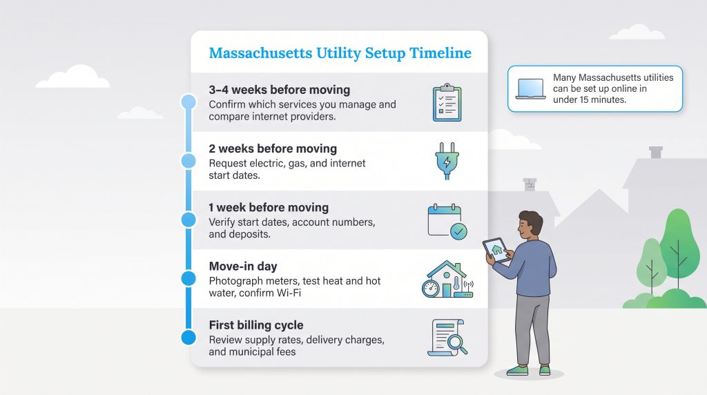 Timeline graphic outlining steps for setting up utilities when moving to Massachusetts.