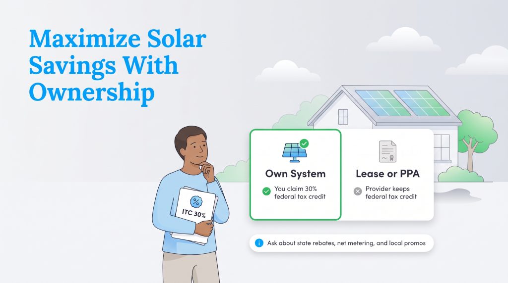 Illustration comparing solar ownership vs leasing for claiming the 30% federal tax credit.