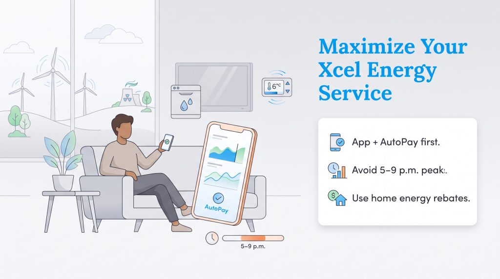 Illustration showing how to save energy and manage Xcel Energy services using a mobile app