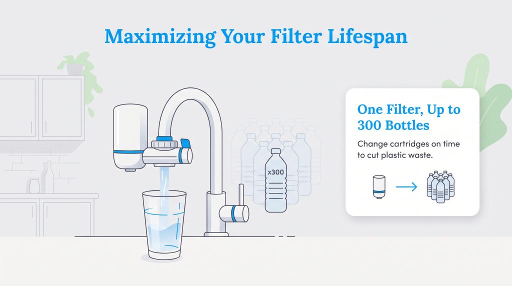 Illustration of a faucet water filter filling a glass, replacing 300 plastic water bottles