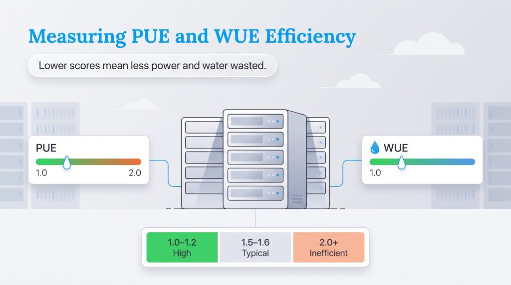 Graphic illustrating data center PUE and WUE efficiency metrics and ranges
