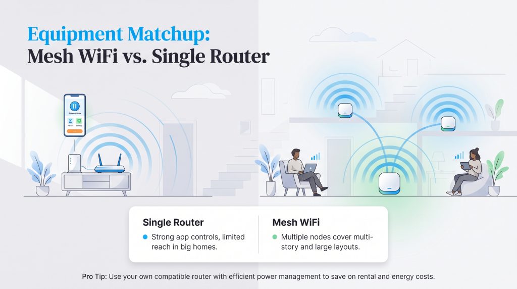 Diagram comparing a single router setup to a multi-node mesh WiFi system for home coverage.