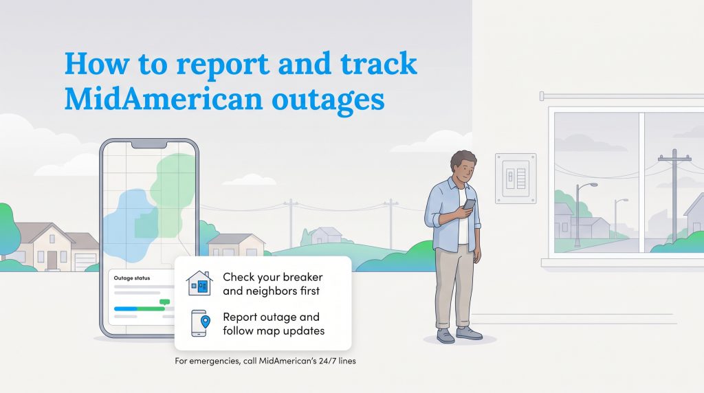 Illustration showing steps to report and track MidAmerican Energy power outages.