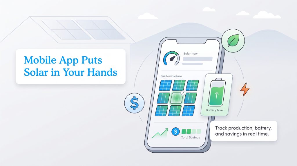 Illustration of a solar app on a phone tracking energy production, battery levels, and savings