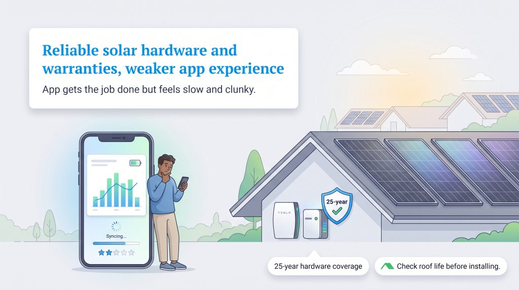 Graphic of a home solar installation and a user waiting for a slow-syncing mobile app.