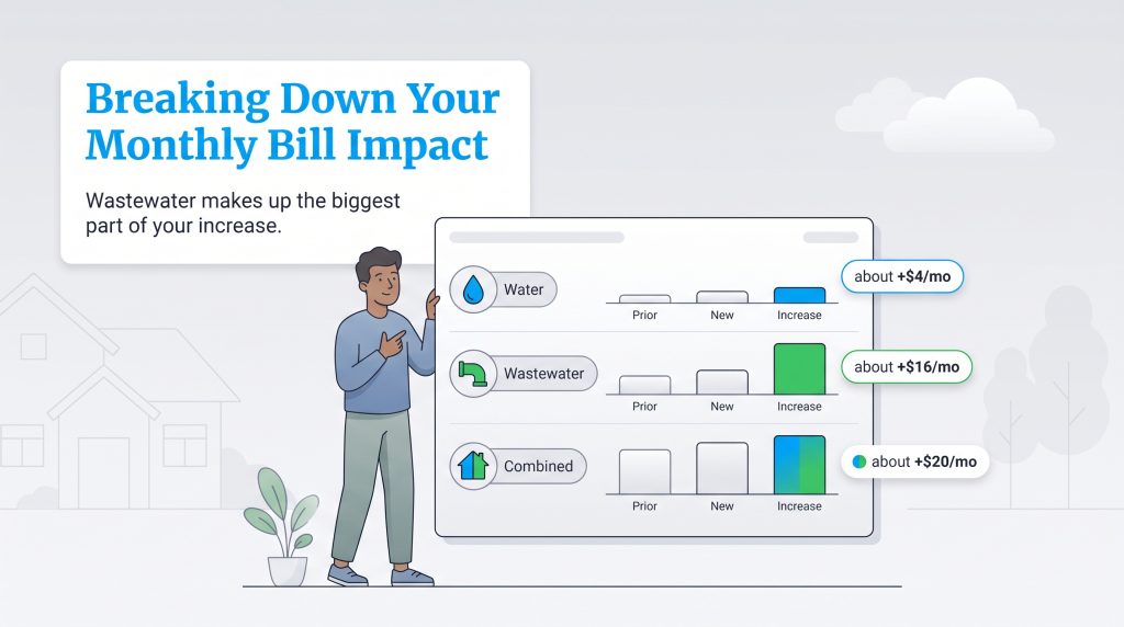 Infographic showing estimated monthly bill increases for water, wastewater, and combined services