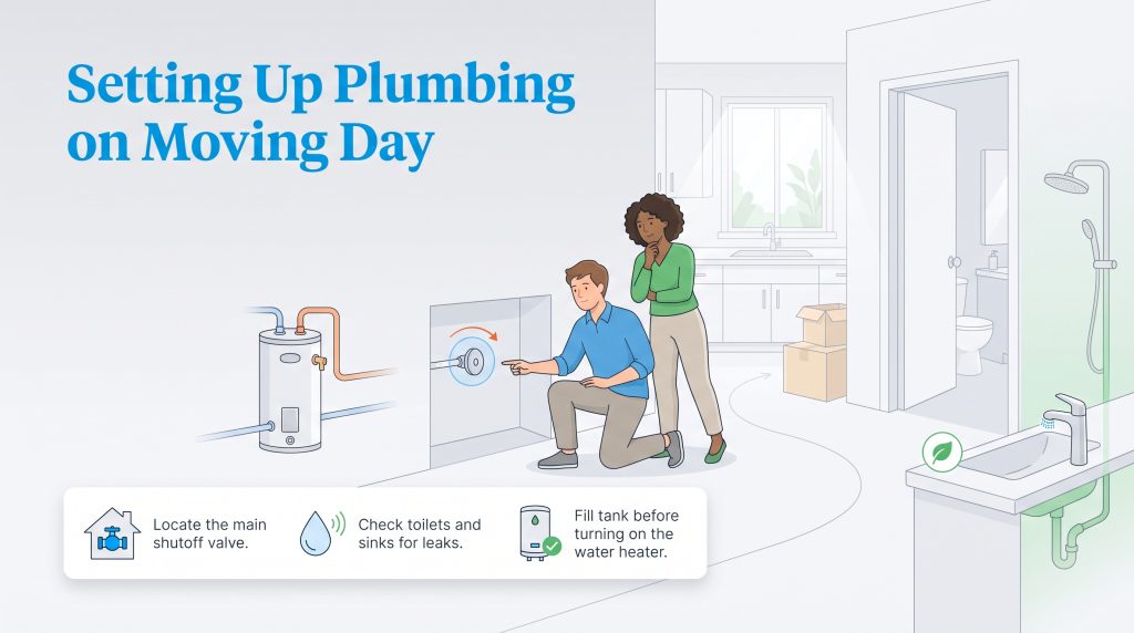 A couple inspects a water shutoff valve and household plumbing on moving day.