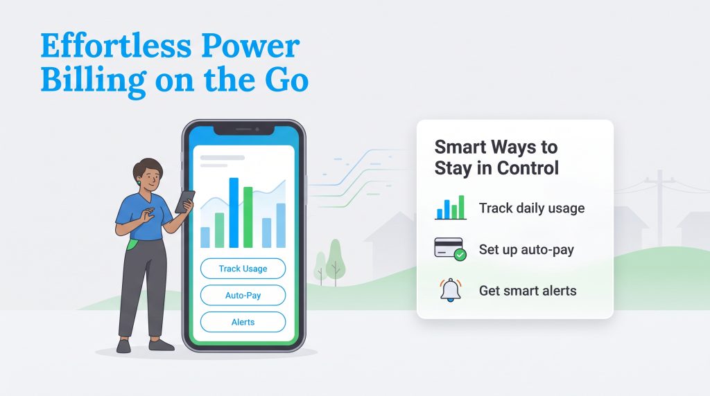 Illustration of a mobile app for tracking daily energy usage and setting up auto-pay.