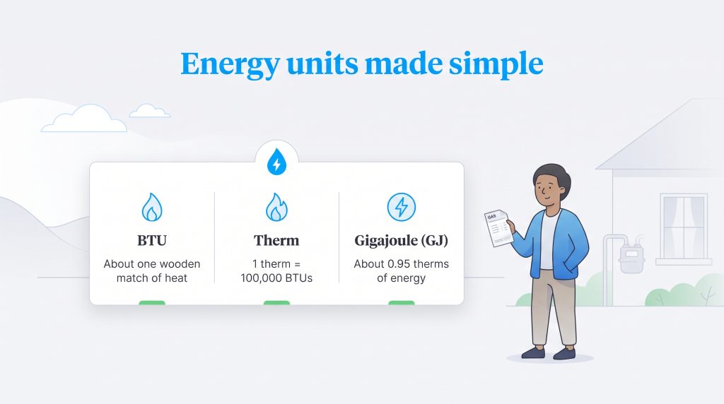 Infographic comparing BTU, Therm, and Gigajoule energy units next to a person holding a bill